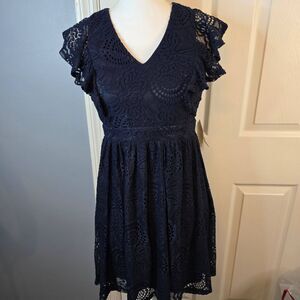 NWT AltarD State Dress Medium Navy Blue Lace Ruffled Sleeve KneeLength‎ Elegant
